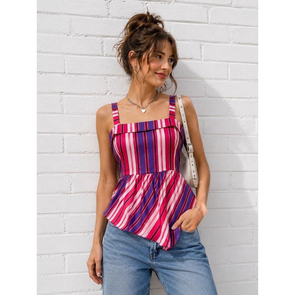 Express Pink Purple Striped Peplum Top Sleeveless Square Neck Y2K Small